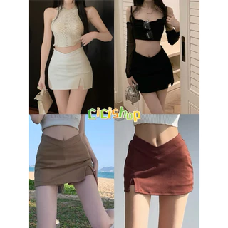 Cicishop(910)กระโปรงสั้นทรงเอ ซับกางเกง ดีเทลเอวV ผ่าข้างใส่แล้วหุ่นสลิม สไตล์ฝรั่งเศษ
