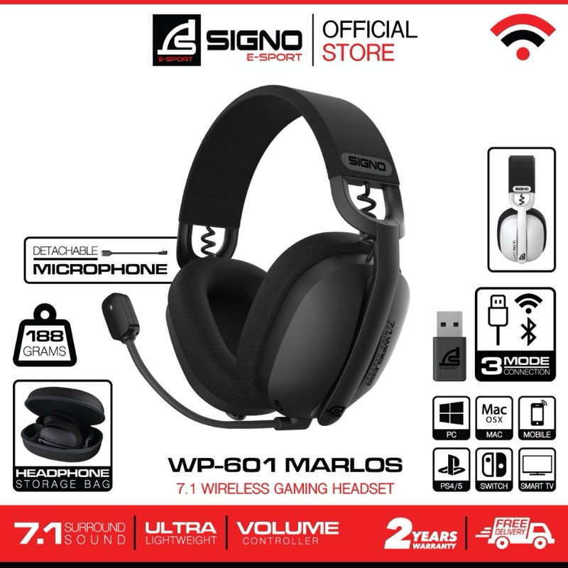 SIGNO E-Sport 7.1 Wireless Gaming Headset MARLOS รุ่น WP-601 หูฟังเกมมิ่งไร้สาย Tri-Mode Bluetooth/Wireless/Wired