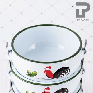 ปิ่นโต ปิ่นโตเคลือบลายไก่ ปิ่นโตลายไก่ 14cm x 4ชั้น ขาวขอบเขียว - ลายไก่ลำปาง ตรานกเพนกวิน