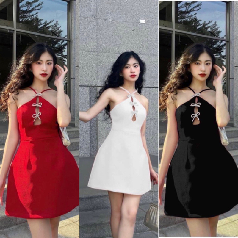 พร้อมส่ง มินิเดรสสั้นแต่งเข็มกลัดโบว์เพชร