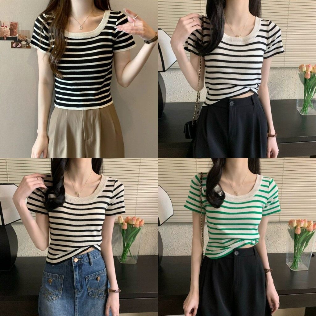 พร้อมส่ง เสื้อครอป เสื้อยืดลายทาง คอกลม สวมใส่สบาย #150293