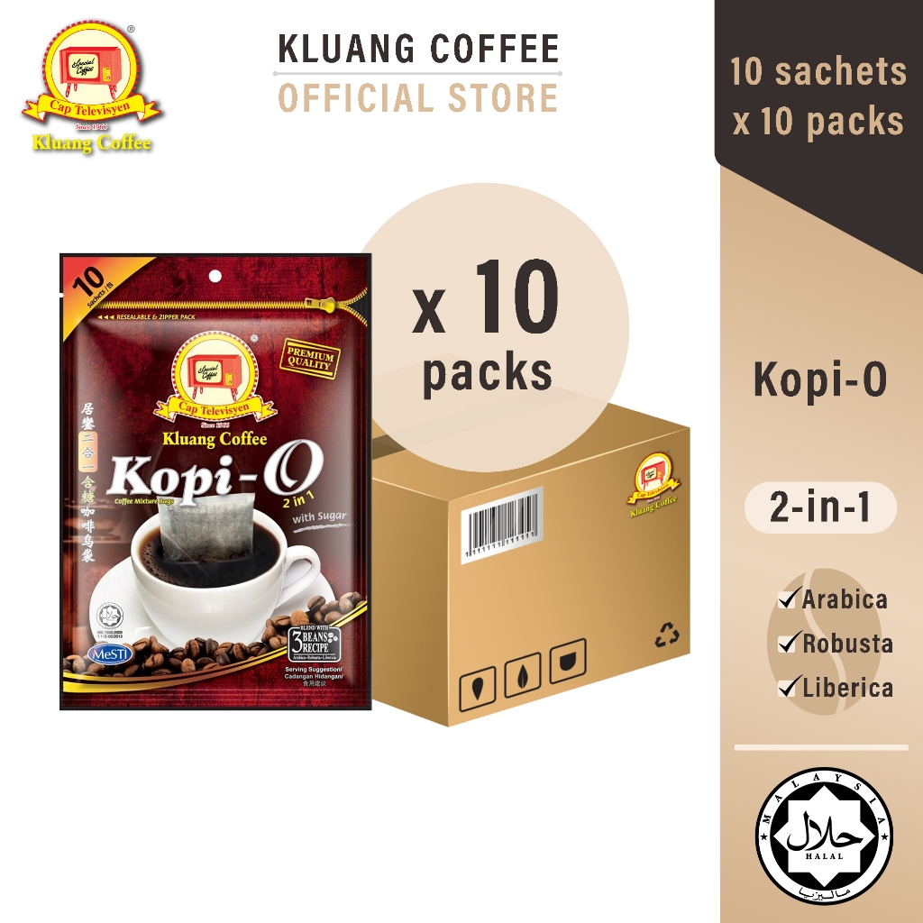 Kluang Black Coffee Cap Televisyen Kopi-O 2in1 + Sugar (10 sachet x 10 pack) กาแฟดำ 2in1 + น้ำตาล (1