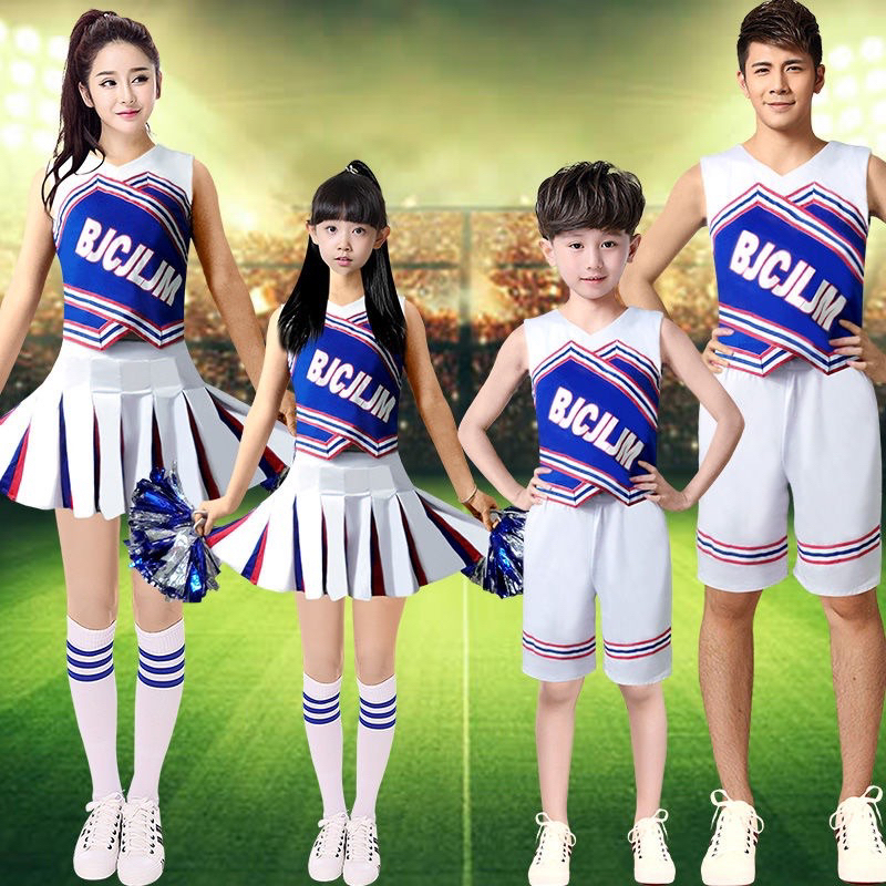 ชุดเชียร์ลีดเดอร์เด็กผู้หญิงเด็กผู้ชาย ชุดการแสดง สีน้ำเงินขาวพร้อมถุงเท้า ครบเซท 3 รายการ (สินค้าพร้อมส่งในไทย)