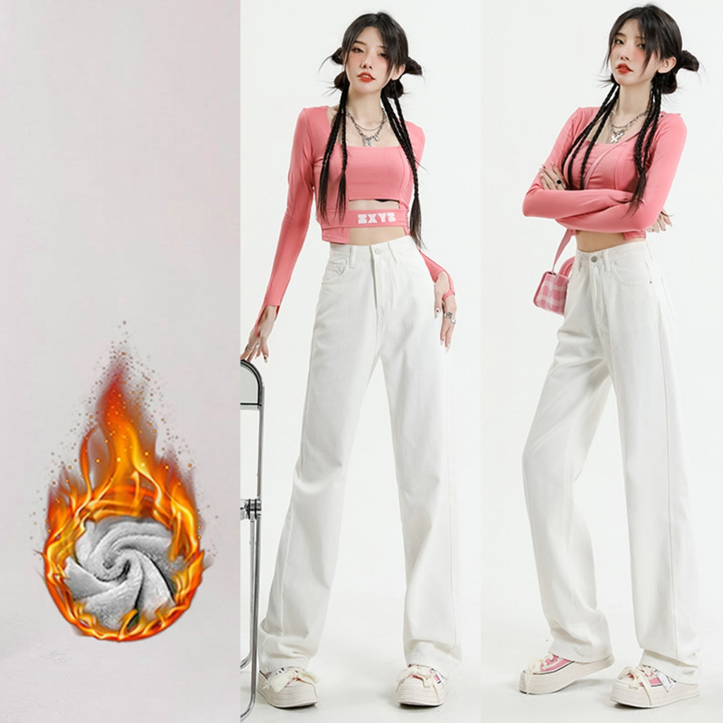 24-34 นิ้ว / กางเกงยีนส์บุขน กางเกงขายาวบุขน ยีนส์ขากระบอก รุ่น Pure White Jeans Pant สีขาว