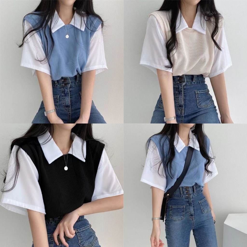 เสื้อยืดโปโล คอปก สไตล์เกาหลี ปลอม สองชิ้น สวมใส่สบาย #150291