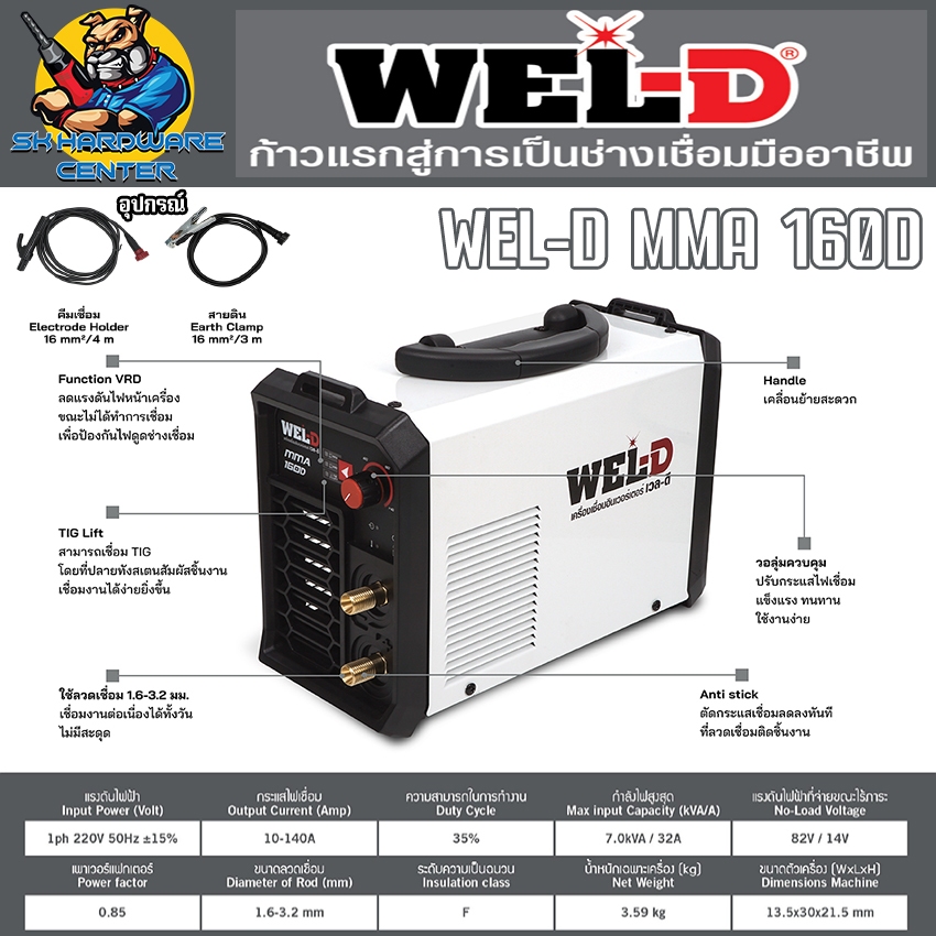 เครื่องเชื่อมอินเวอร์เตอร์ 2ระบบ MMA ,TIG LIFT ไฟเชื่อม 140A ยี่ห้อ WEL-D By WELPRO รุ่น MMA160D