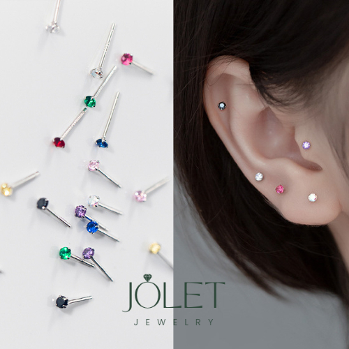 Jolet ต่างหู ต่างหูเงินแท้ 92.5 เเพ้ง่ายใส่ได้ เพชรกลมหลากสี