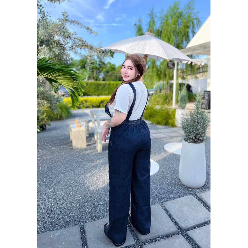 #69(ส่งเร็ว)เอี๊ยมกางเกงขายาว ผ้ายีนส์ทรงลิซ่า+เสื้อยืดสีขาว bigsize ไซส์ใหญ่ สำหรับผู้หญิง สีขาว Women Lady Clothing - รูปที่ 5