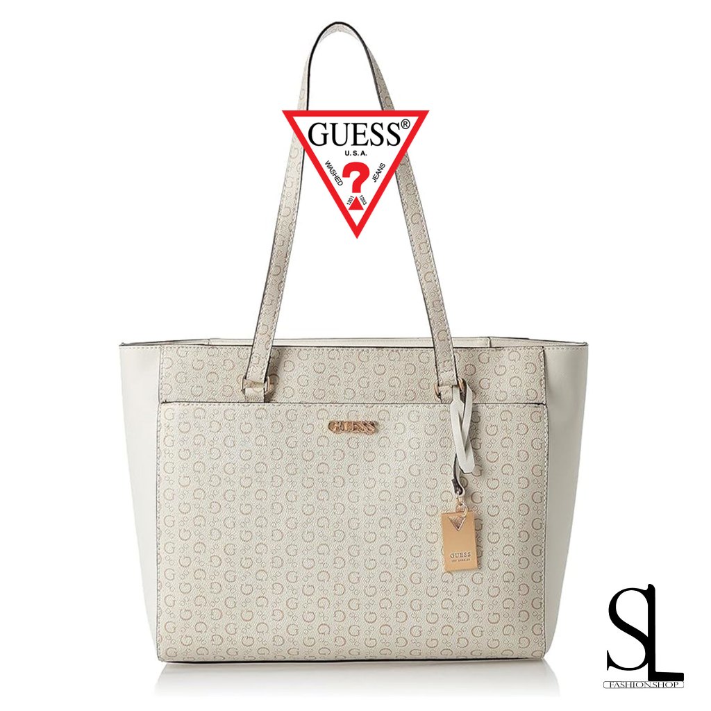 กระเป๋าสะพายข้างผู้หญิงแบบพกพา GUESS สีขาว รุ่น guess pampa tote bag รับประกันของแท้ พร้อมส่ง