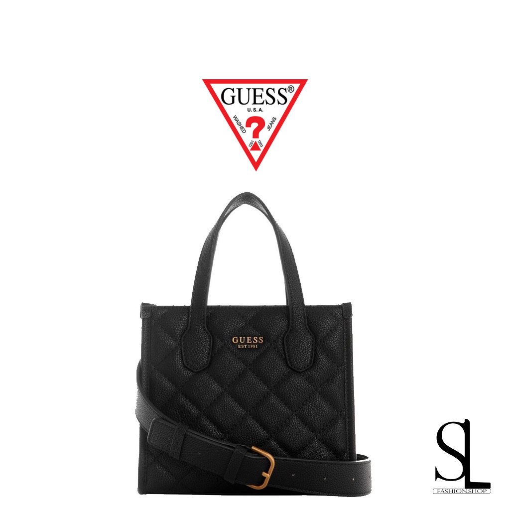 [กระเป๋าลดราคา]GUESS สีดำ กระเป๋าสะพายข้างผู้หญิง รุ่น Guess Silvana Mini Tote Bag in Black รับประกันของแท้ พร้อมส่ง