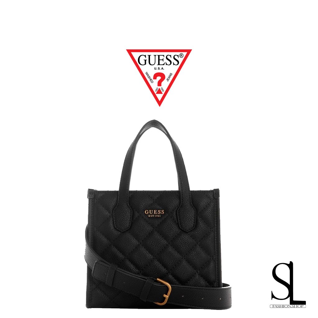 [กระเป๋าลดราคา]GUESS สีดำ กระเป๋าสะพายข้างผู้หญิง รุ่น Guess Silvana Mini Tote Bag in Black รับประกั