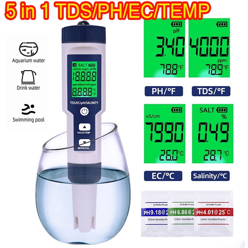 5 in 1 TDS/PH/EC/TEMP/Salinity Meter เครื่องวัด PH/TDS/EC /อุณหภูมิ /ความเค็ม PH Meters เครื่องวัดคุณภาพน้ำ