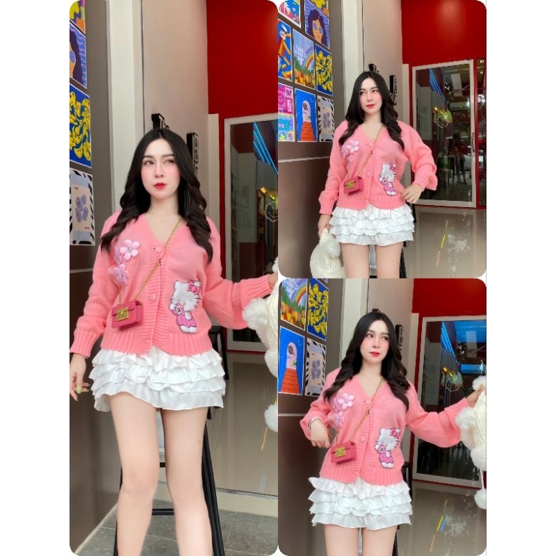 เสื้อคลุมไหมพรมคอวี ติดอะไหล่ สีหวานเจี๊ยบ