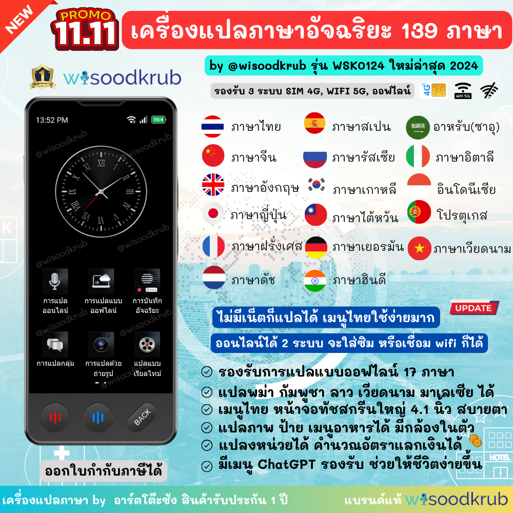 เครื่องแปลภาษา by wisoodkrub รุ่นล่าสุด WSK0124 รองรับ 3 ระบบ ใส่ซิม 4G ได้ รองรับการแปลภาษาแบบออนไลน์ 139 ภาษา การแปลแบ