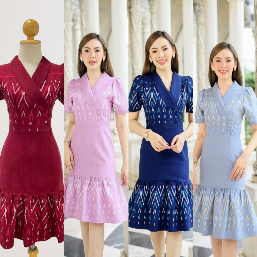 Kety Smile เดรสผ้าฝ้ายมัดหมี่พิมลาย ทรงสูท ชายระบาย แต่งกระดุมปั๊ม (S-2XL) N367