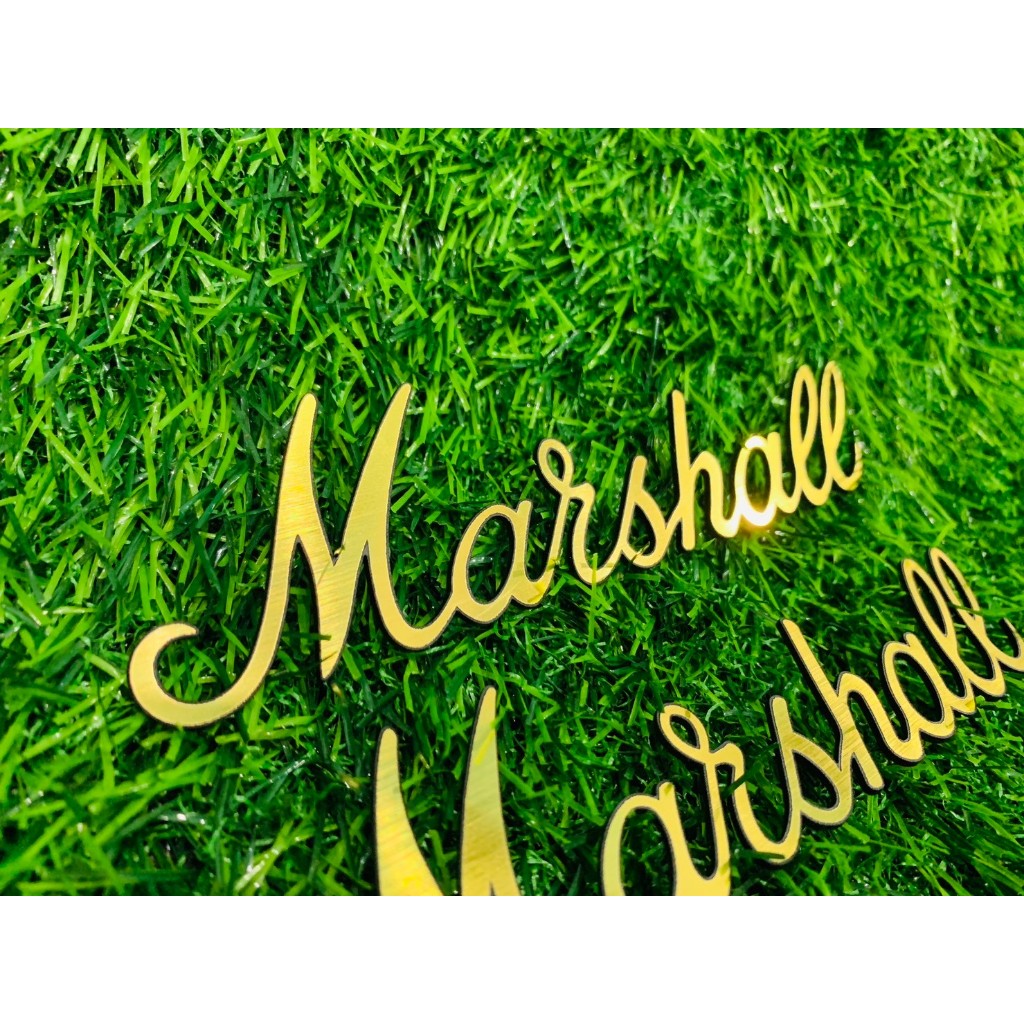 โลโก้ marshall ติดตู้ลำโพง ติดตู้แอมป์กีต้าร์ logo มาแชล (วัสดุโรมาร์ค pvc ผิวอลูมิเนียมเทียม) (วัสดุอะคิลิค)