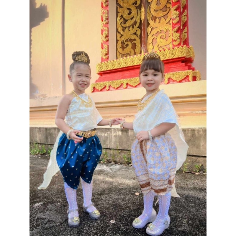 ชุดไทยสไบโจงกระเบนเด็กผู้หญิง ชุดไทยเด็กหญิง ชุดไทยนางนพมาศเด็ก ชุดไทยเด็กสีครีม ชุดไทยเด็กสีน้ำเงิน ชุดไทยลอยกระทงเด็ก