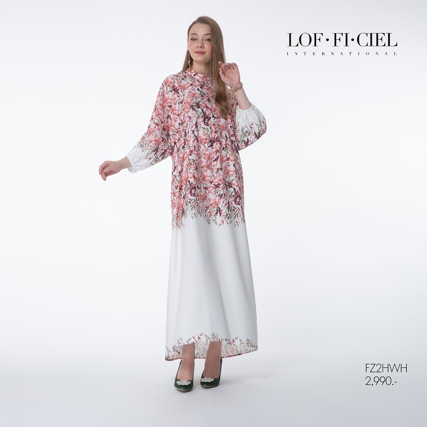 LOF-FI-CIEL Woman's Maxi Dress Castle Pink Rose เดรสยาว คอตั้ง ทรงหลวม แขนยาว สีขาว FZ2HWH