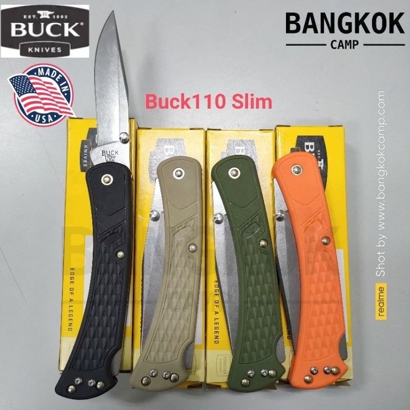 [Genuine] มีด Buck110 Slim Select Folding Hunter 3.75" Plain Blade, Black GFN Handles, Deep Carry Pocket Clip