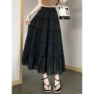 Cicishop(907)Layer Skirts กระโปรงยาวผ้าชีฟองสีพื้น ใส่สบาย สไตล์โบฮี่เมี่ยน สุดชิค