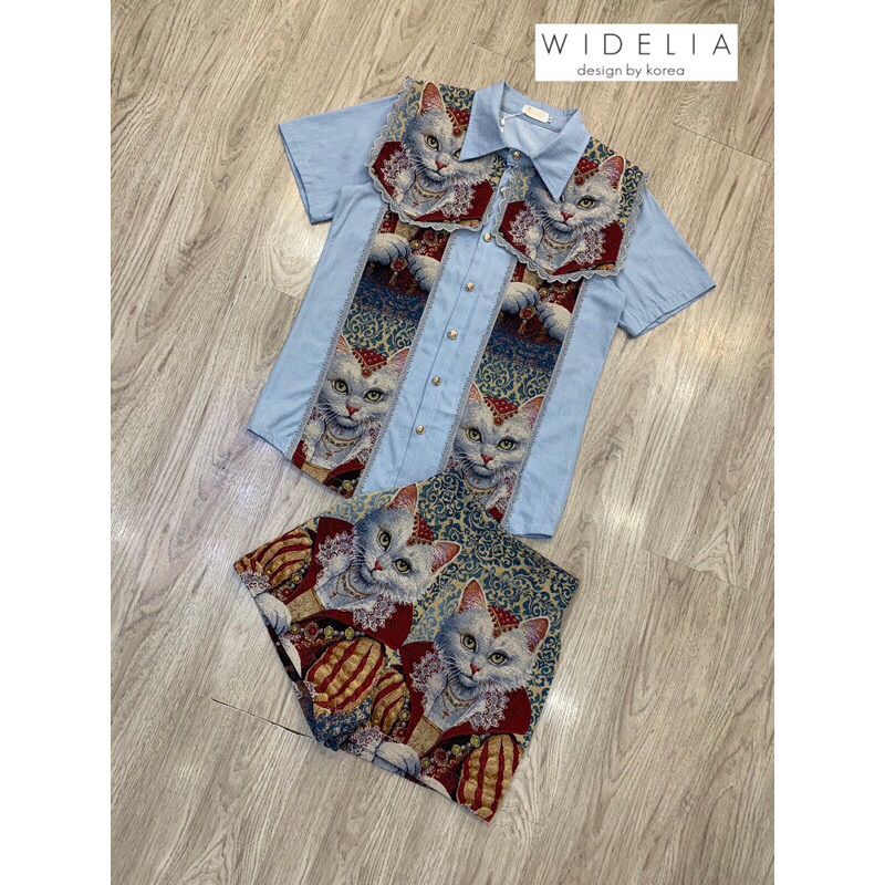 Widelia : Set แมวตัวเสื้อทรงปล่อยปกกะลาสีแขนสั้น น้องมาคู่กับกางเกงขาสั้น น่ารักมากบอกเลย งานป้ายบน