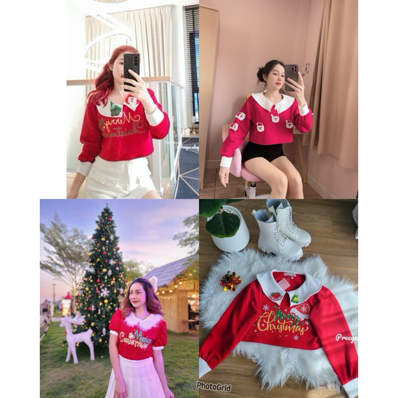 mnv_shop พร้อมส่ง ครอปแขนยาว คอปกบัวแต่งปกด้วยตัวการ์ตูนคริสต์มาส สกรีนลายMerry christmas.แขนจั๊มผ้าวูลเวฟเบาใส่สะบาย