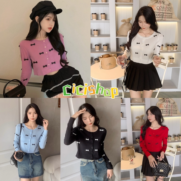Cicishop(B6011)เสื้อครอปเเขนยาว ผ้าไหมพรม กระดุมใช้งานได้จริง ดีเทลประดับโบว์ น่ารัก สไตล์สาวหวาน
