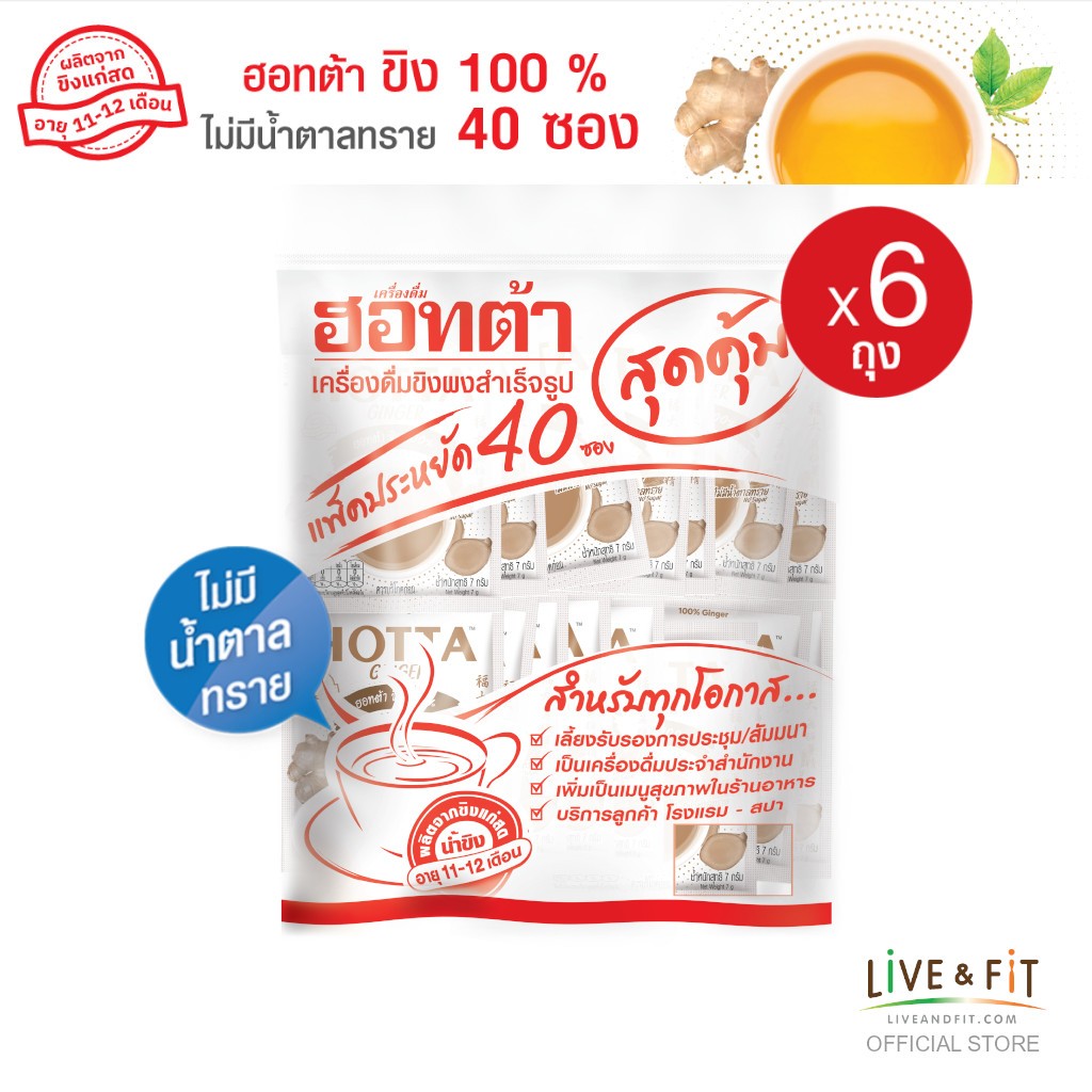 [แพ็คประหยัดx6] HOTTA น้ำขิงฮอทต้า ขิงผง 100% ไม่มีน้ำตาลทราย ขนาด 40 ซอง (6 แพ็ค) น้ำขิงไม่หวาน