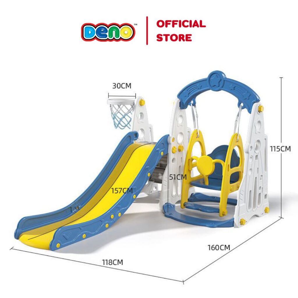 DENO(ดีโน่) ชิงช้าสไลเดอร์ 3in1 สไลเดอร์เด็ก ชิงช้าเด็ก พร้อมแป้นบาส+ลูกบาส