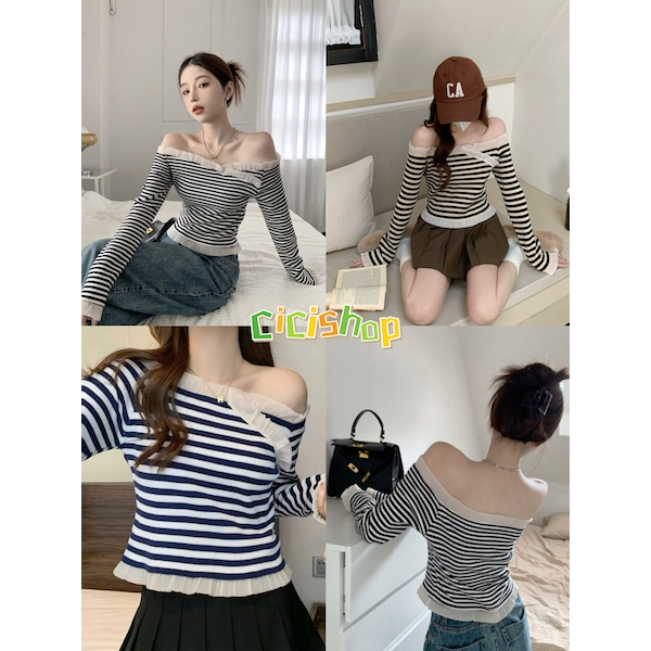 Cicishop(J151)เสื้อเเขนยาวไหมพรมปาดไหล่ ลายทาง ดีเทลเเต่งระบายด้วยผ้าชีฟอง ผ้ายืดใส่สบาย แมทช์ได้หลายสไตล์