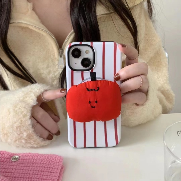 Langton มะเขือเทศ ขาตั้ง แรงแม่เหล็ก iphone 15 11 14 pro max สีแดง ลายทาง เรียบง่าย หวานสวย case for iPhone 12 13