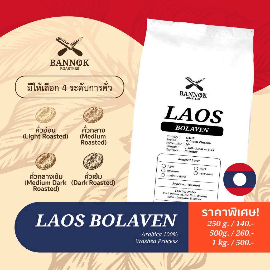 เมล็ดกาแฟคั่ว Laos Bolaven ลาว โบลาเวน Arabica 100% เกรดA - BANNOKCOFFEE