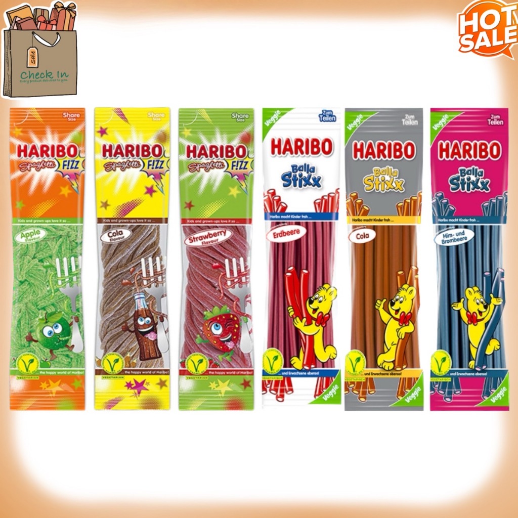 Haribo Sphagetti Sour ฮาริโบ้ เยลลี่แท่งยาว นำเข้า 200 กรัม มีให้เลือก หลายรสชาติ Jelly Belly Yupi Trolli