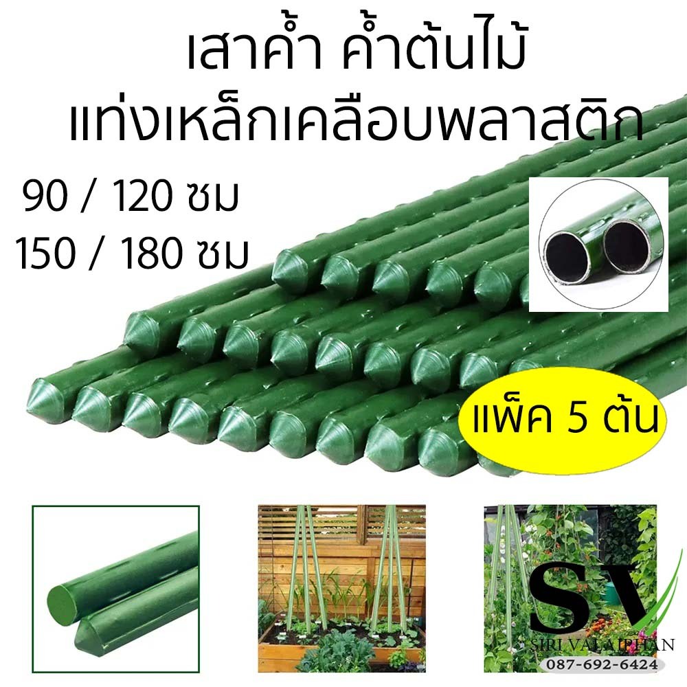 เสาค้ำ ค้ำต้นไม้ ชุด 5 ต้น ยาว 120 / 150 /180 ซม ด้านในเป็นเหล็กกลวง หุ้มด้วย PE ค้ำต้นไม้ เหล็กเคลือบพลาสติกสีเขียว