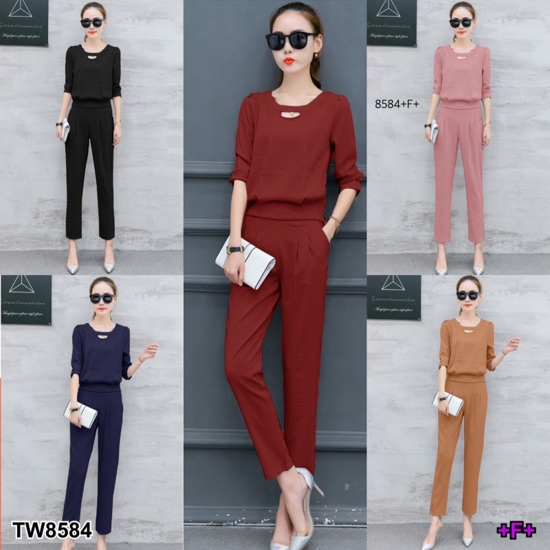 MM8584 Set เสื้อแขนศอกเจาะคอ + กางเกงขายาว Set: elbow sleeve shirt + long pants