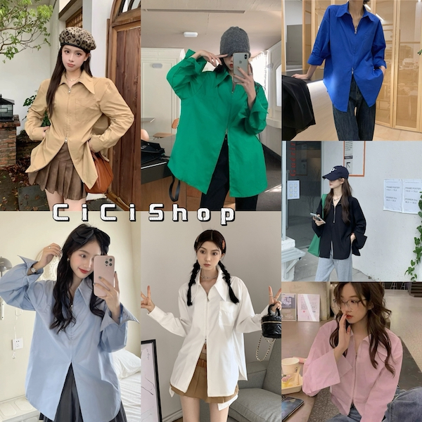 Cicishop(3181)เสื้อเชิ้ตคอปกเเขนยาว สีพื้น ดีเทลซิปด้านหน้า รูดได้2ด้าน ใส่ทำงานได้ เเมทช์ได้หลายลุค สายแฟชั่นห้ามพลาด