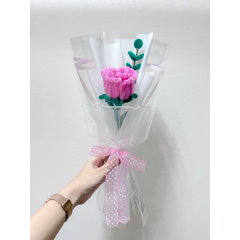 (พร้อมส่ง) ช่อดอกกุหลาบ ช่อดอกไม้ประดิษฐ์ลวดกำมะหยี่ สีชมพูพาสเทล