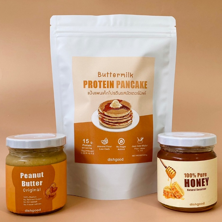 เซททำแพนเค้กโปรตีน (แค่ผสมน้ำเปล่า) + เนยถั่ว + น้ำผึ้ง  Protein Pancake Set (Pancake Mix + Peanut B