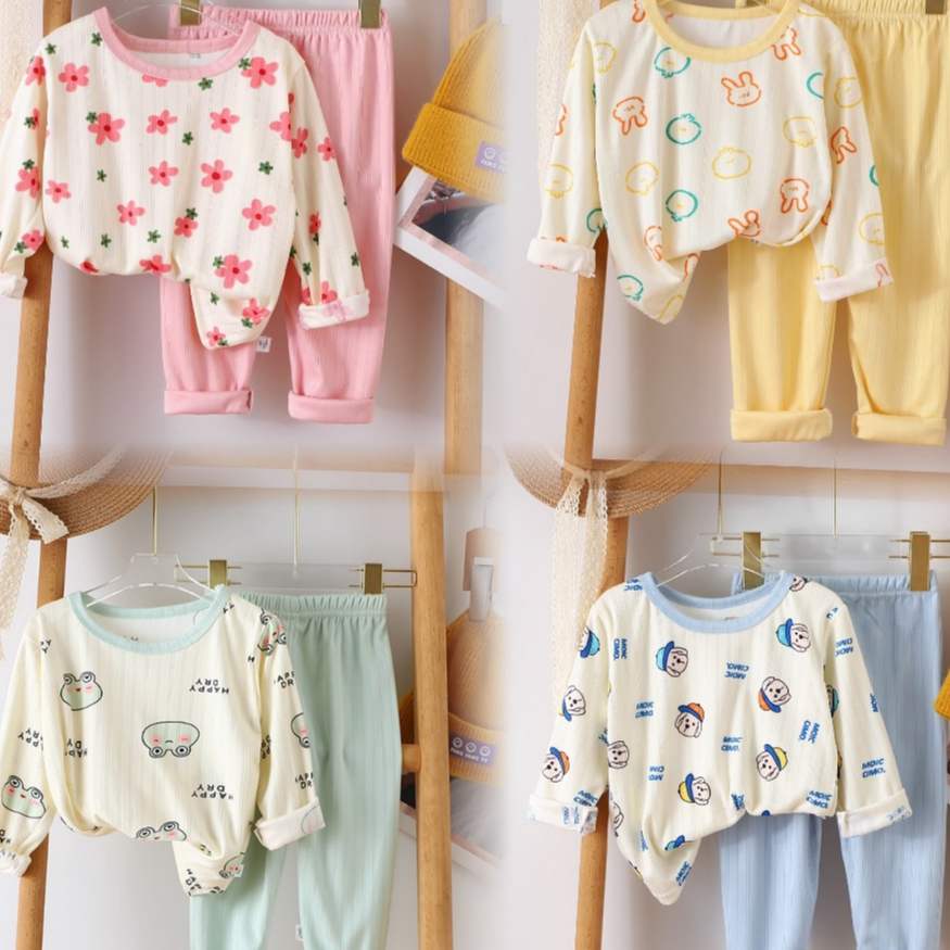ชุดนอนเด็ก ลายการ์ตูน เสื้อผ้าเด็กผ้าใยไผ่ เซท 2 ชิ้น กันหนาวแขนยาวขายาว Size 80-110 cm