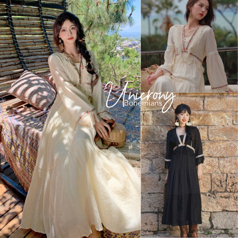 Unicrony เดรสยาวโบฮีเมียน แต่งพู่สวยงาม มาพร้อมสายเดี่ยวด้านใน Vintage dress
