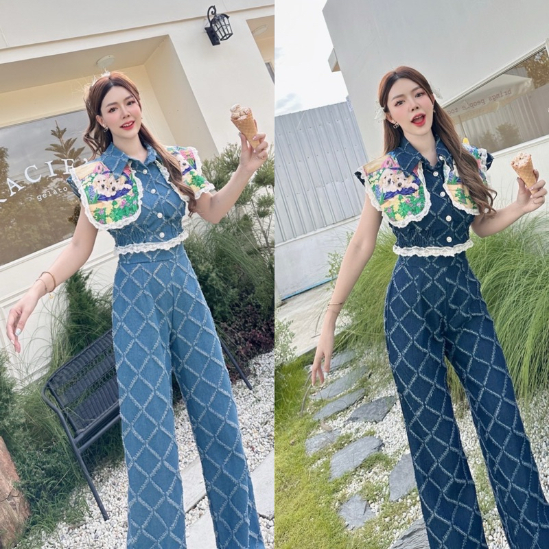 ชุดยีนส์ เสื้อคอปก+กางเกงเอวสูง งานป้าย brt