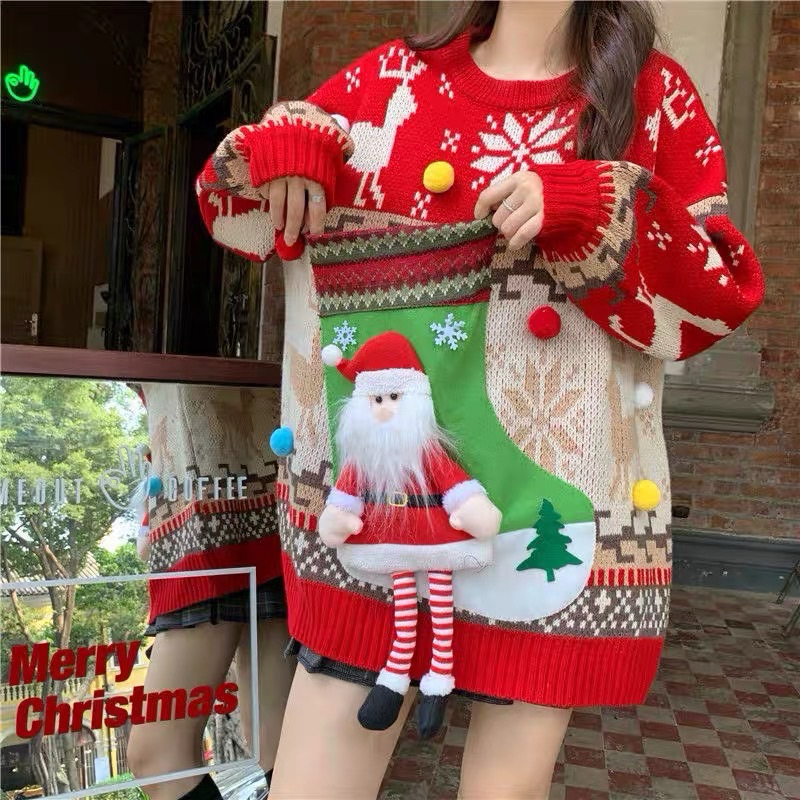 เสื้อแขนยาวไหมพรมน่ารักลายคริสมาส