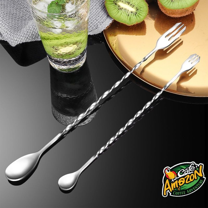 [St.Coco Cafe]ช้อนค็อกเทล สแตนเลส ปลายส้อม ด้ามเกลียว ยาว 26/32cm Bar Spoon