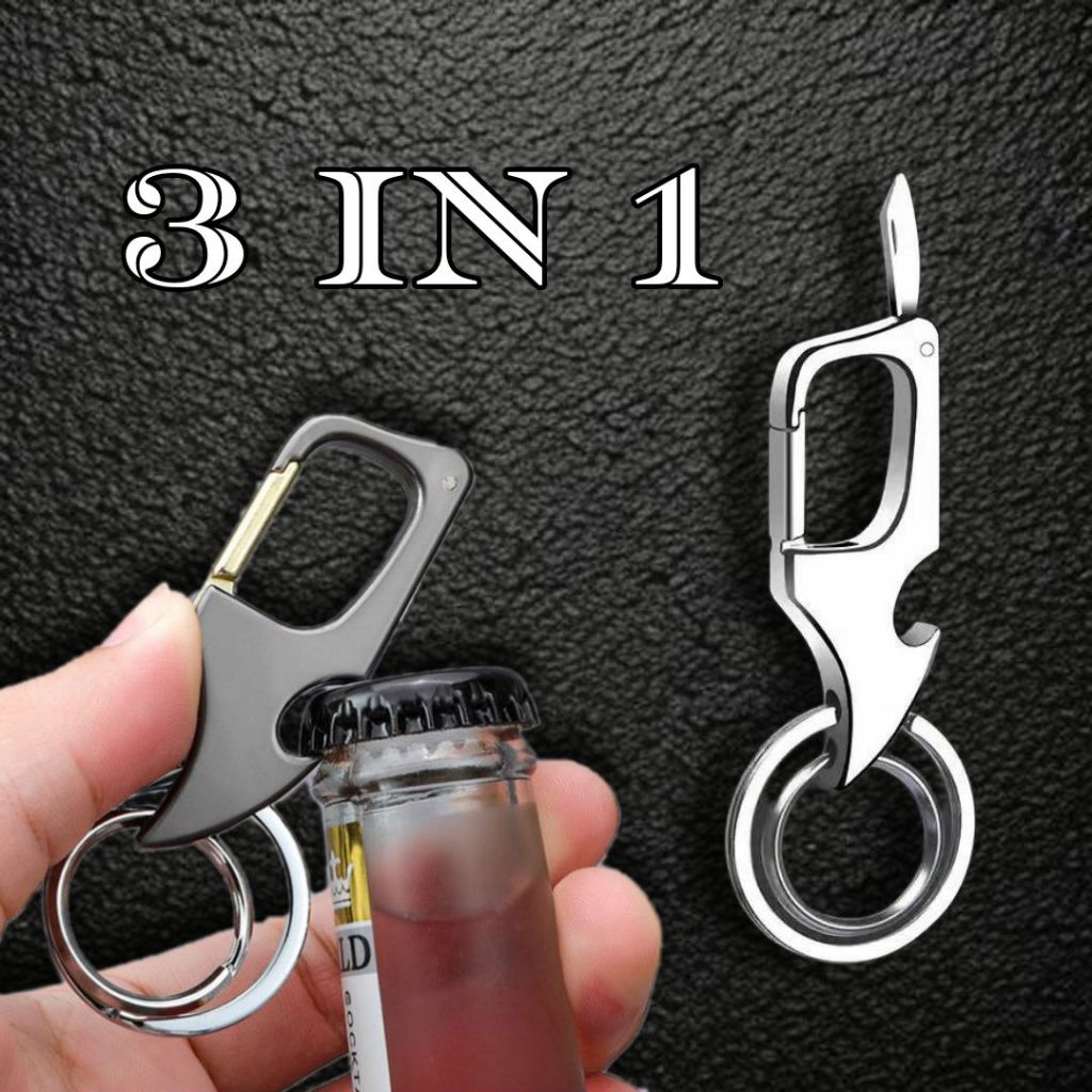 พวงกุญแจรถ 3in1 เปิดฝาขวดได้ มีมีดพับเล็ก มีห่วงใส่กุญแจ 2ห่วง ทำจากโลหะ แข็งแรง น้ำหนักเบา พกพาสะดวก