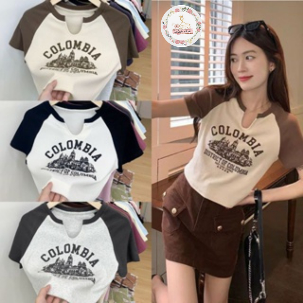 SALABO(พร้อมส่ง) เสื้อครอป คอกลมแขนสั้น น่ารัก สกรีนลายวินเทจ คอวีเว้า ผ้านิ่มยืด #A35