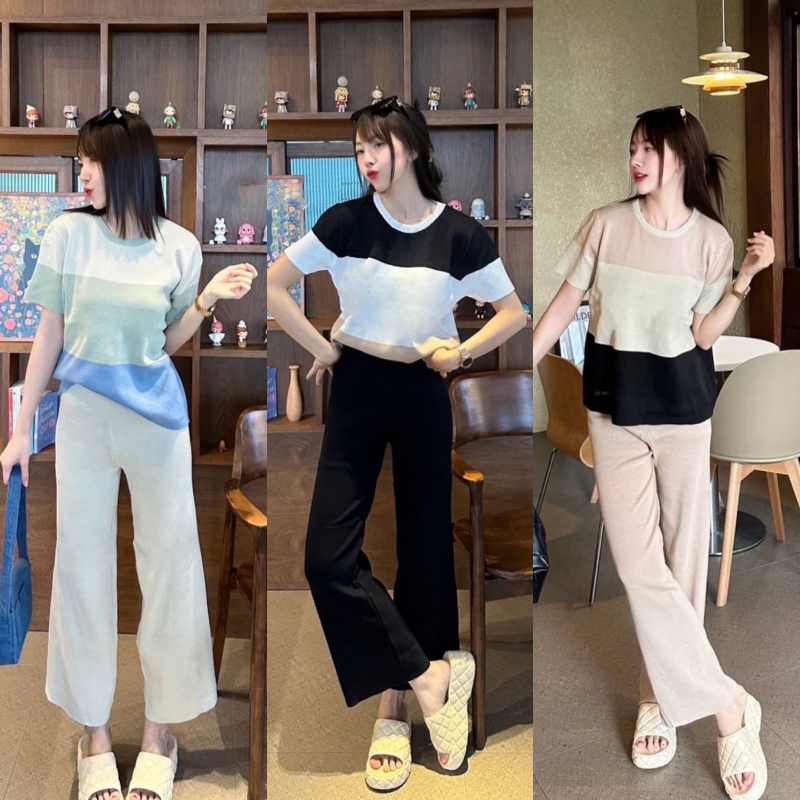 ชุดเซ็ต 2 ชิ้น เสื้ื้อไหมพรมแขนสั้น + กางเกงขากระบอก ผ้าไหมพรมยืดเยอะสุด สาวอวบก็ใส่ได้น้าค่า รุ่น แจ้งเหตุ