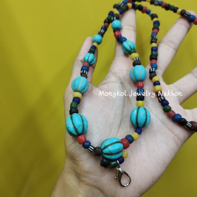 สร้อยคอหินสี สลับเทอร์ควอยซ์ ยาว 24 นิ้ว สวมหัวได้ ลูกปัดหินทาราวดี ลูกปัดหินโบราณ - รูปที่ 2