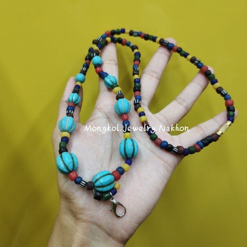 สร้อยคอหินสี สลับเทอร์ควอยซ์ ยาว 24 นิ้ว สวมหัวได้ ลูกปัดหินทาราวดี ลูกปัดหินโบราณ