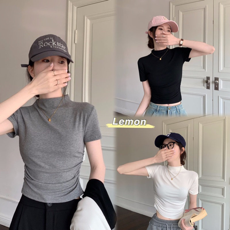 Lalisa พร้อมส่ง Y2K CROP TOP เสื้อยืดแขนสั้นคอกลมผู้หญิงสีขาว เสื้อครอปสั้นทรงเข้ารูปไหมพรม คอปืน สำหรับผู้หญิง