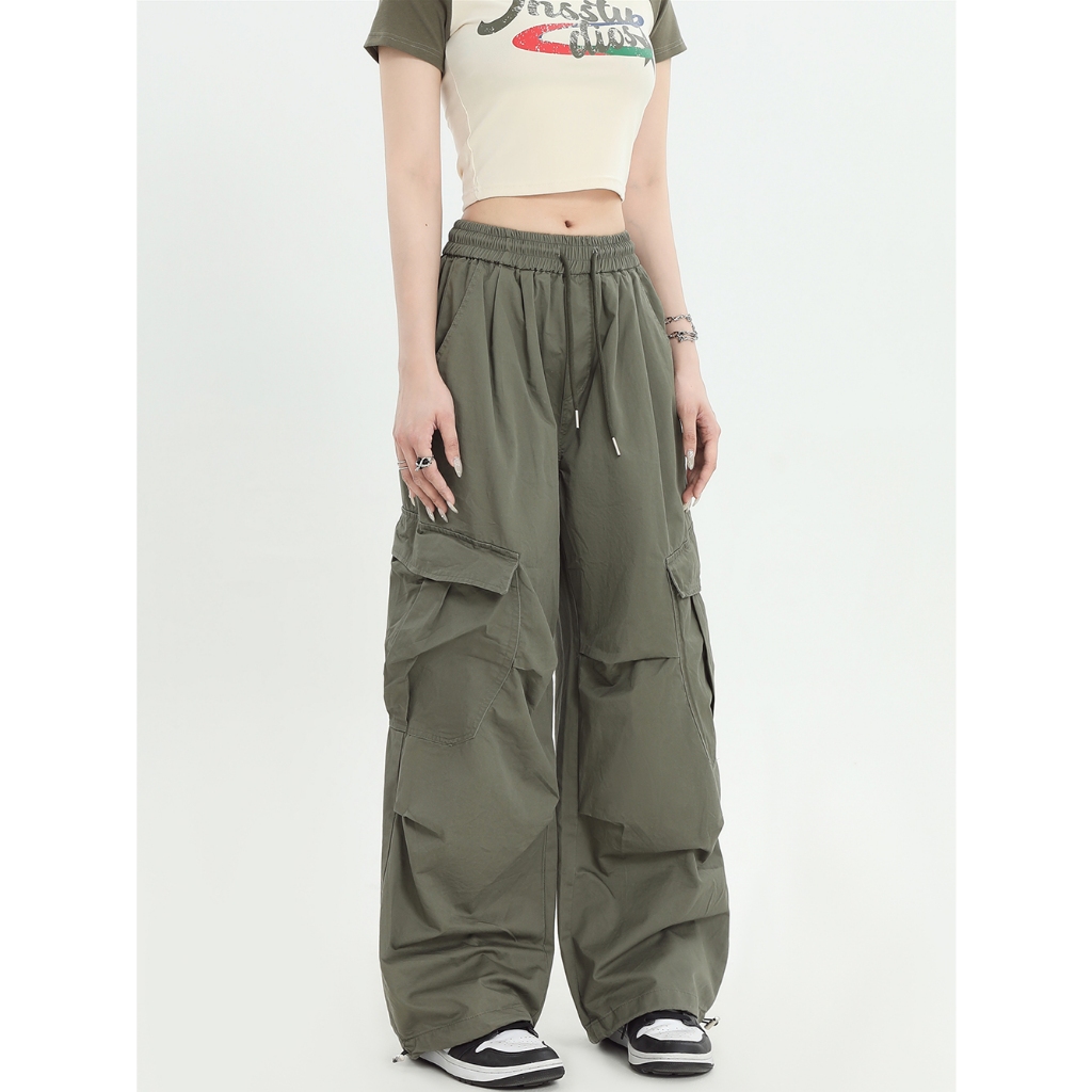 cherryshop🍓กางเกงคาโก้😊สีเขียวเอวสูงหลวมกางเกง cargo pantsสีดำ - รูปที่ 3